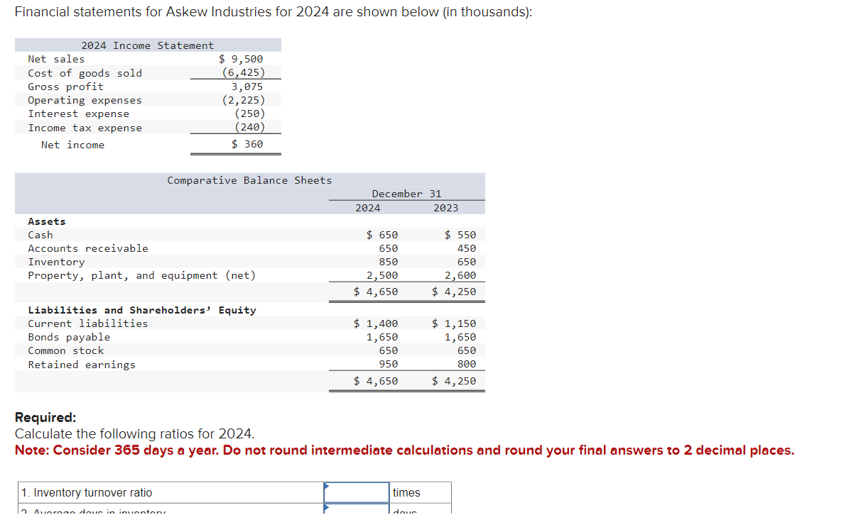 Financial statements for Askew Industries for 2024 are shown below (in thousands):
Required:
Calculate the following ratios f