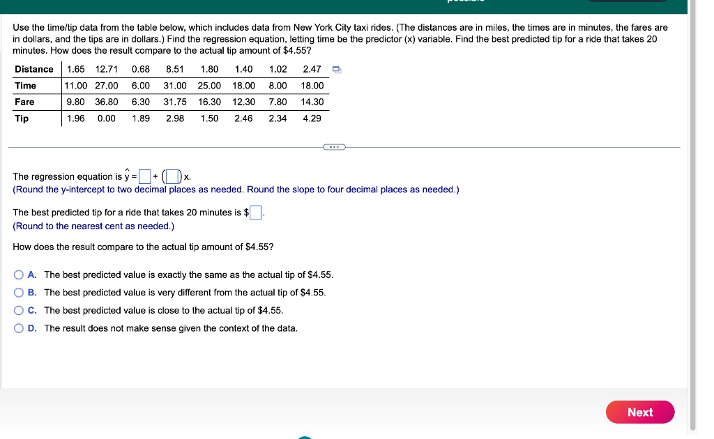 Solved Use the time/tip data from the table below, which | Chegg.com