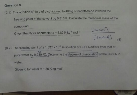 Solved Question 9 (9.1) The addition of 10 g of a compound | Chegg.com