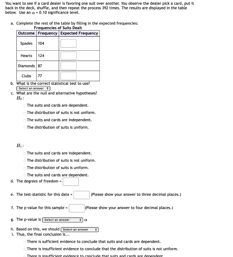 Solved You want to see if a card dealer is favoring one suit | Chegg.com