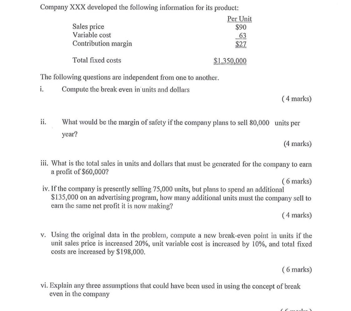 Solved Company XXX developed the following information for | Chegg.com