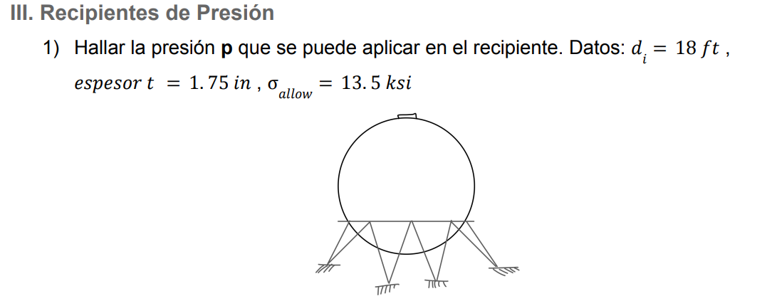 II. Recipientes de Presión 1) Hallar la presión \( \mathbf{p} \) que se puede aplicar en el recipiente. Datos: \( d_{i}=18 \m