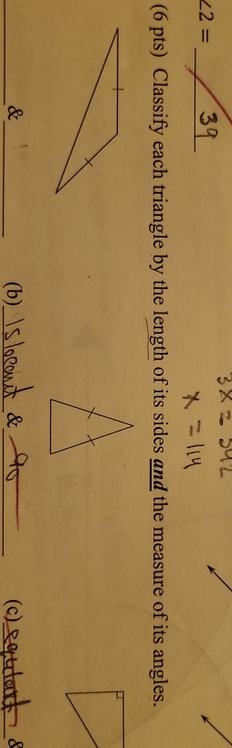 Solved 38 542 22= 139 x = 114 (6 pts) Classify each triangle | Chegg.com