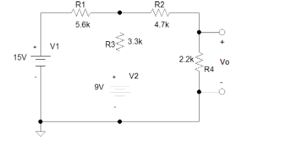 Solved R2 R1 W 5.6k 4.7k V1 R3 3.3k 15V 2.2k Vo R4 V2 9V | Chegg.com