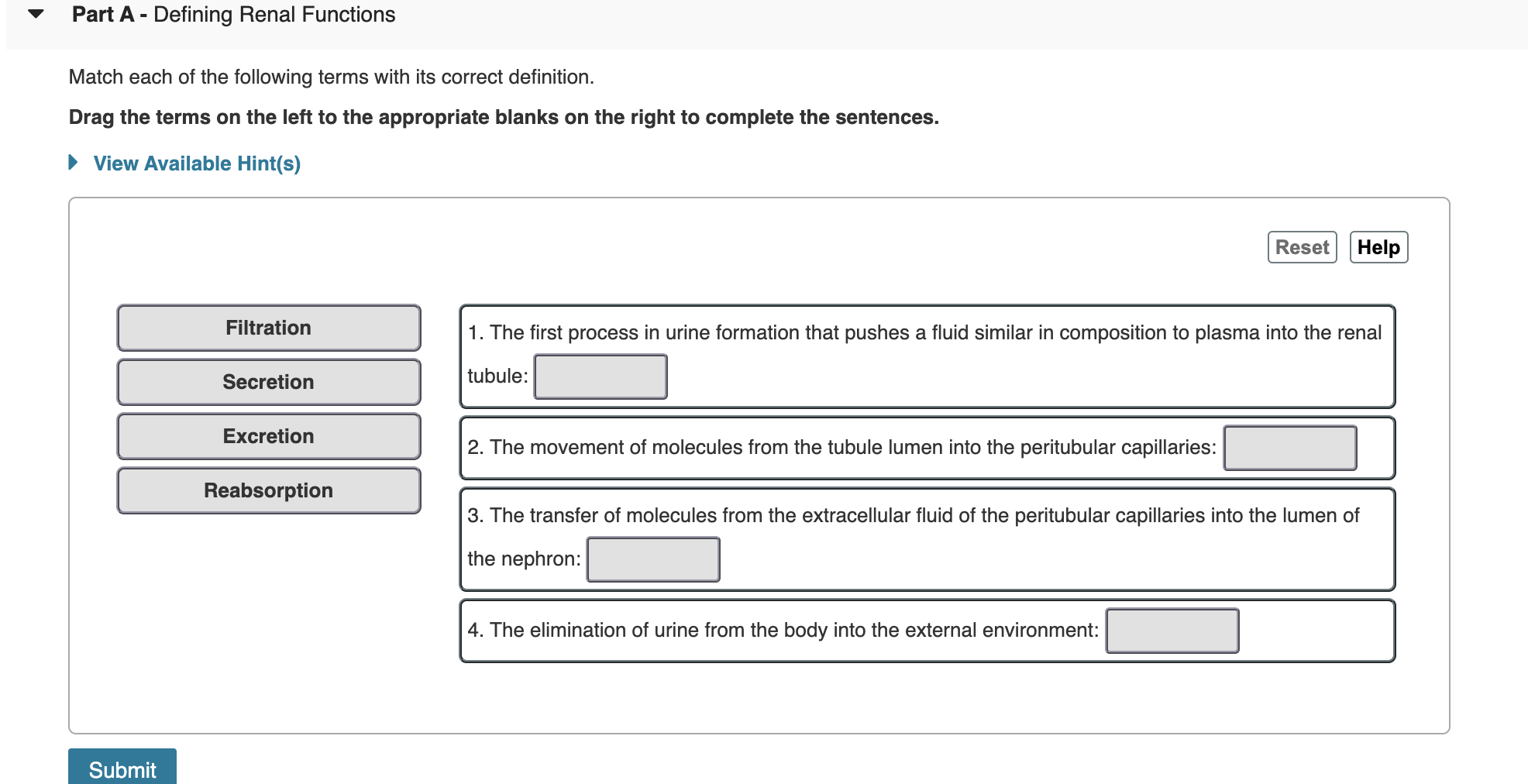 Solved Part A Defining Renal Functions Match each of the