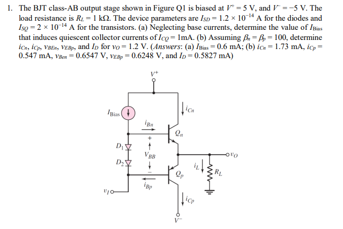 Solved The BJT Class- AB Output Stage Shown In Figure Q1 Is | Chegg.com