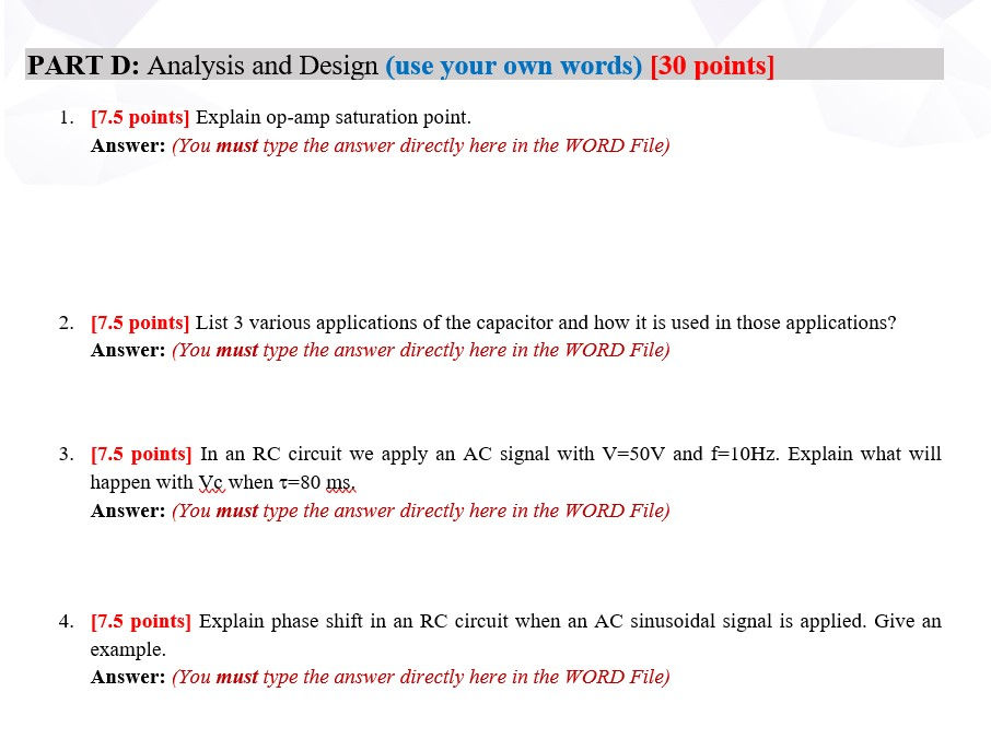 Solved PART D: Analysis And Design (use Your Own Words) [30 | Chegg.com