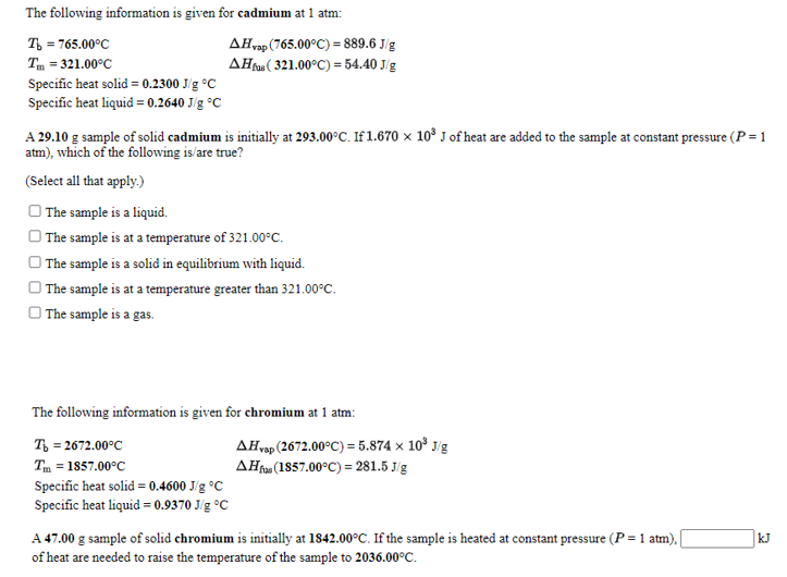 Solved The following information is given for cadmium at 1 | Chegg.com