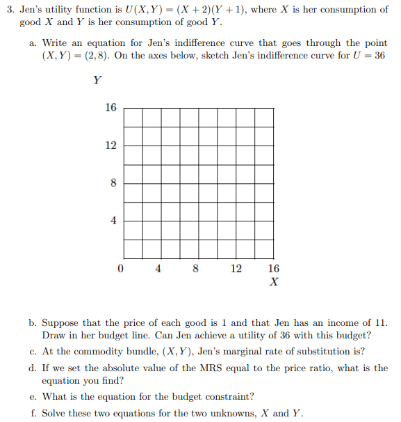 Solved 3. Jen's utility function is U(X,Y)= (x + 2)(Y +1), | Chegg.com