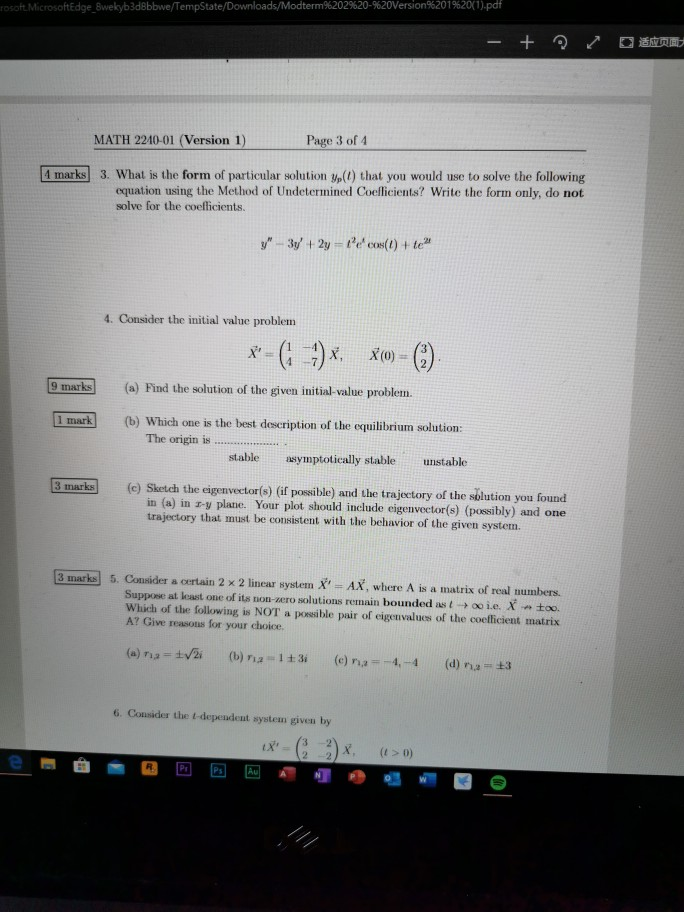 Solved marks 3. What is the form of particular solution y(t) | Chegg.com
