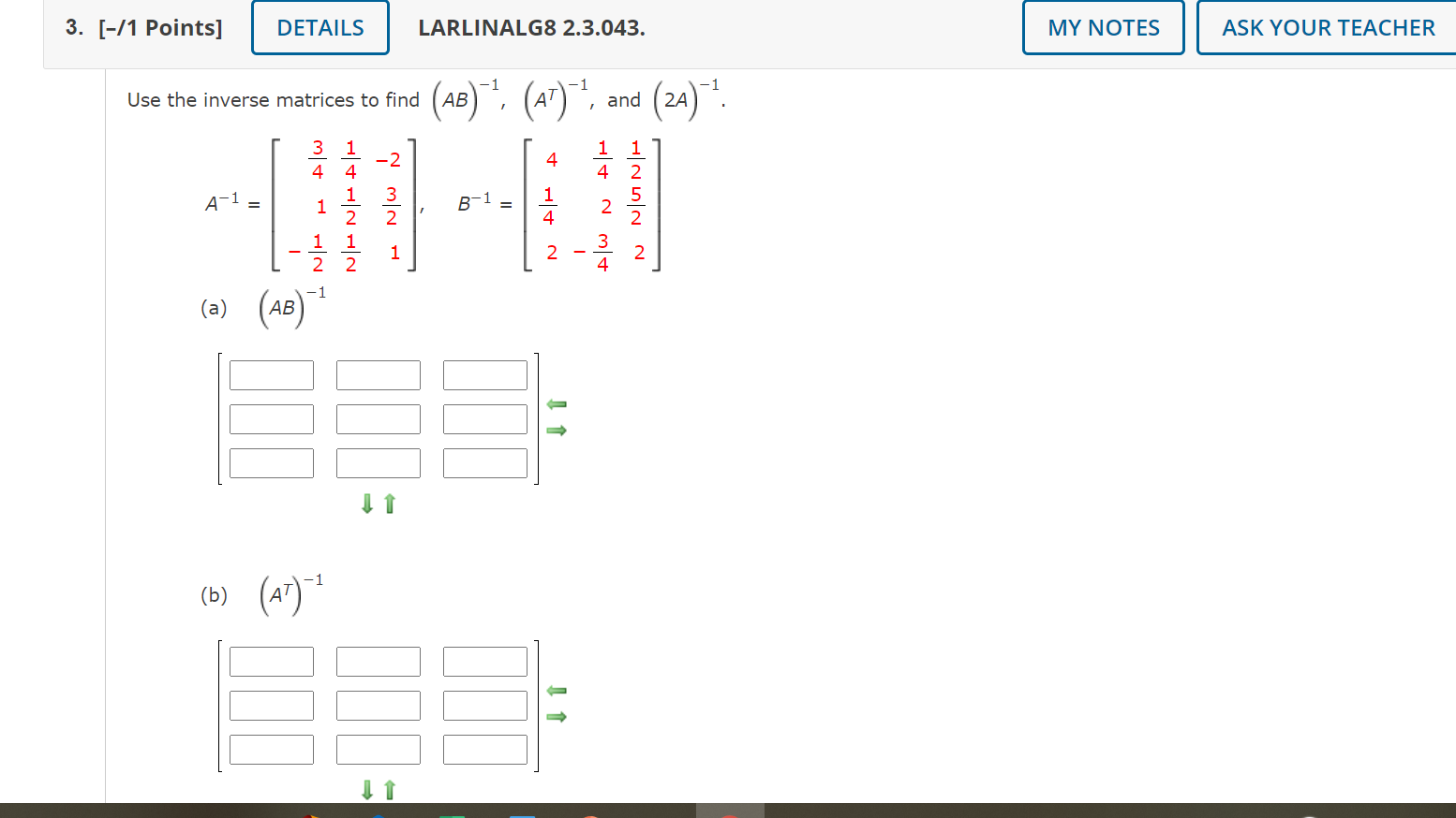 Solved 3. [-/1 Points] DETAILS LARLINALG8 2.3.043. MY NOTES | Chegg.com