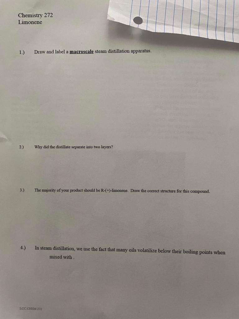 Solved Chemistry 272 Limonene 1.) Draw and label a | Chegg.com