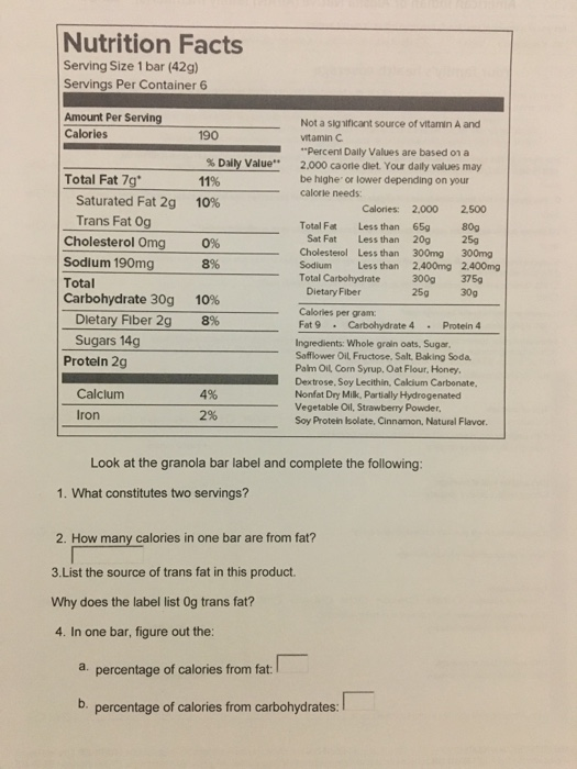 Solved Nutrition Facts Serving Size 1 bar (42g) Servings Per | Chegg.com