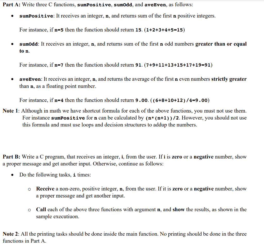 Solved Part A: Write three C functions, sumPositive, sumodd, | Chegg.com