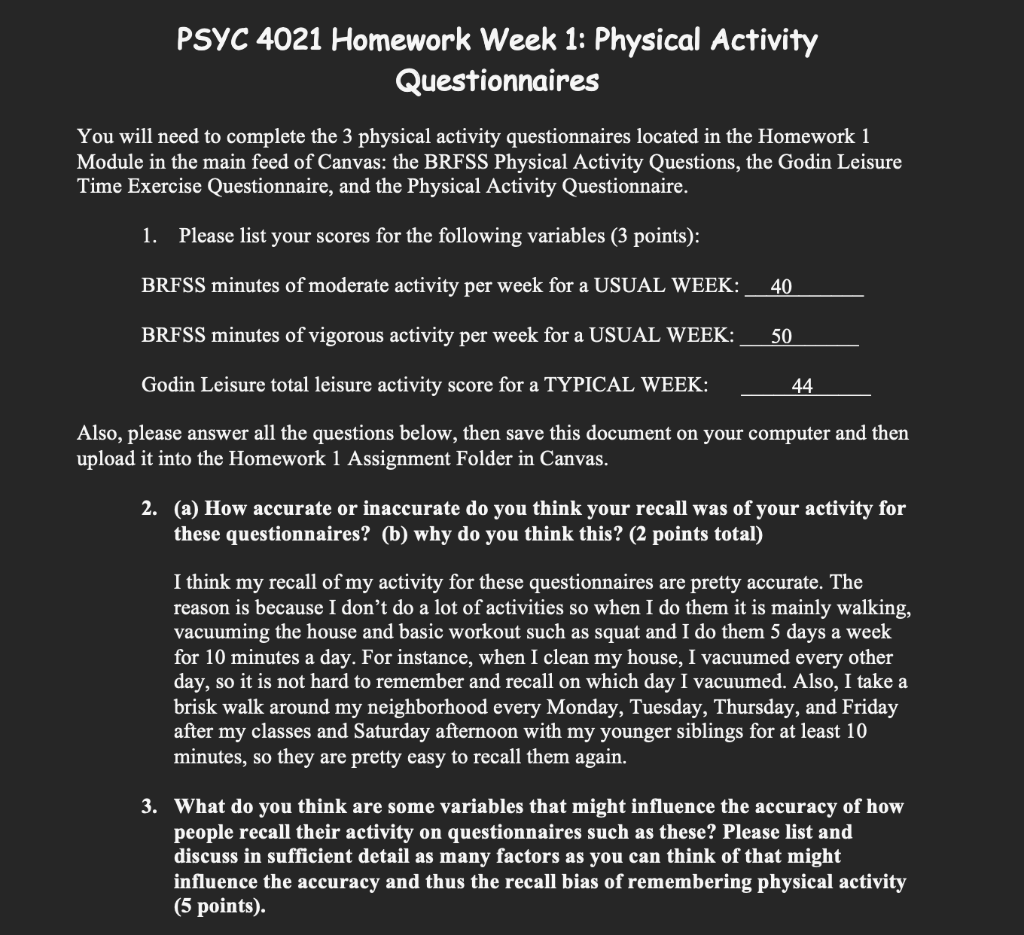 Solved PSYC 4021 Homework Week 1 Physical Activity