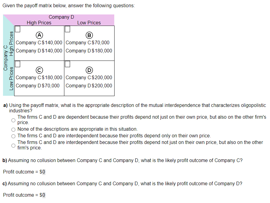 Solved Given The Payoff Matrix Below, Answer The Following | Chegg.com