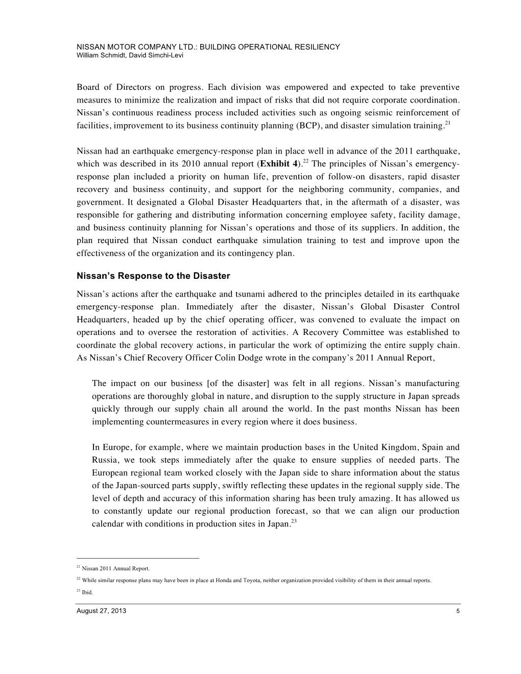 NISSAN motor company ltd.: building operational resiliency william schmidt, david simchi-levi board of directors on progress.