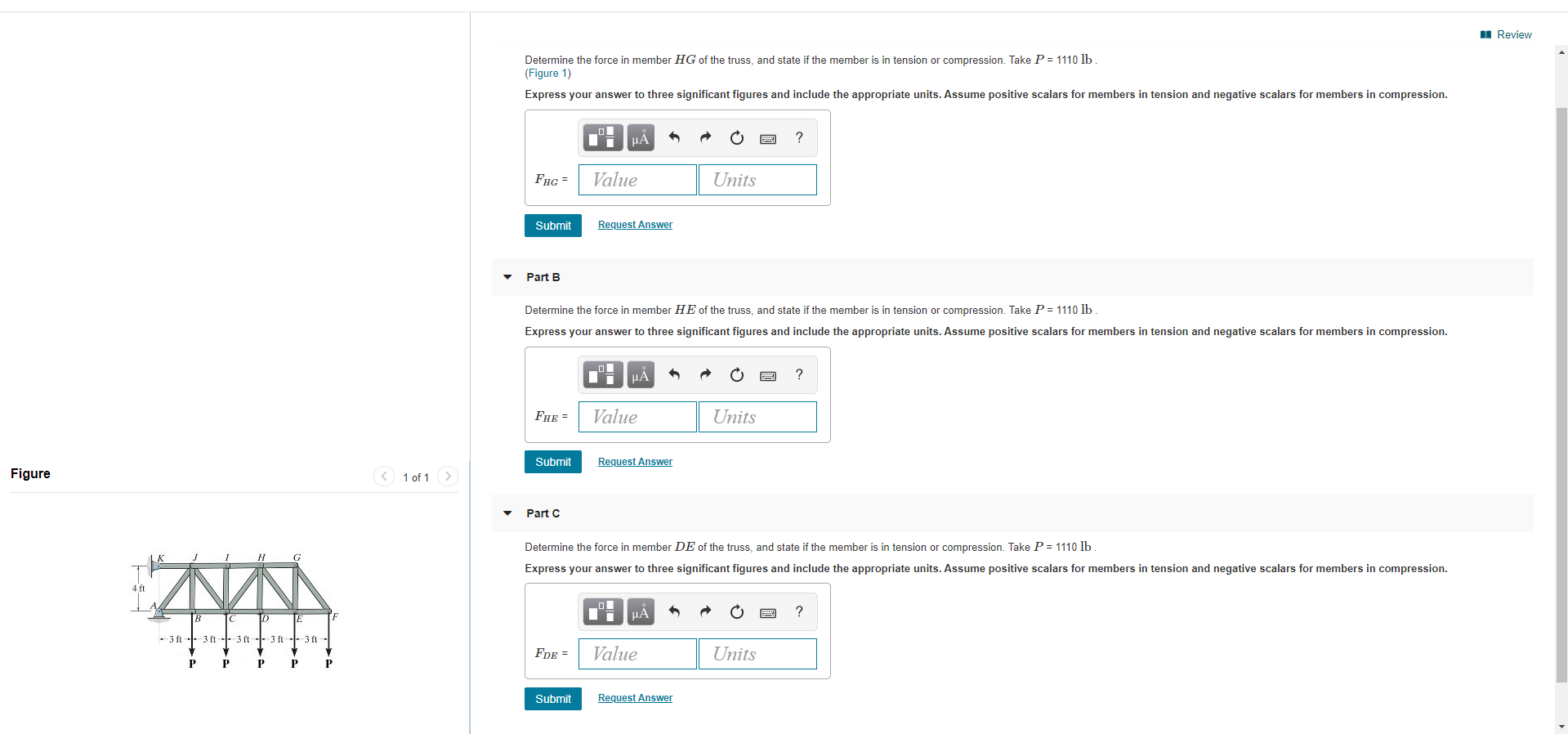 Solved 1 Review Determine the force in member HG of the | Chegg.com