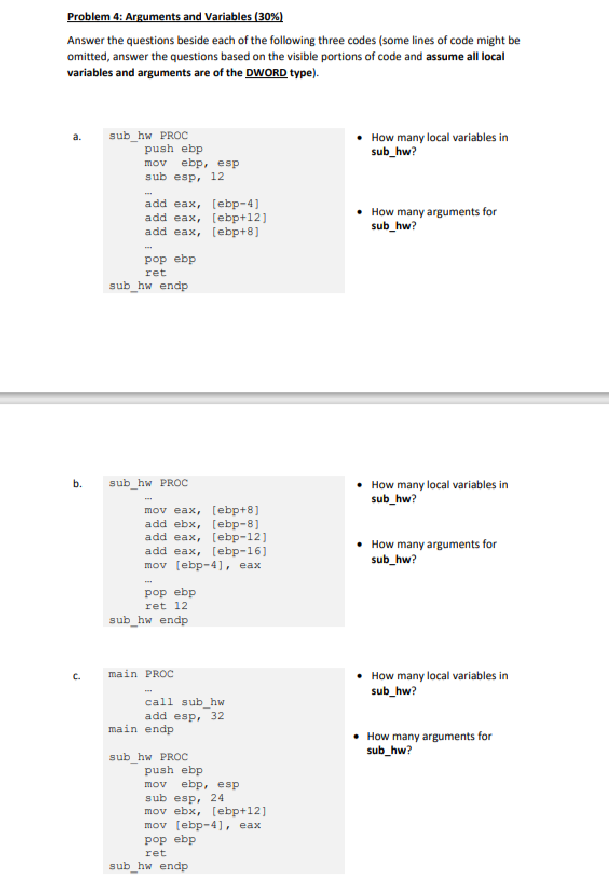 Solved Problem 4: Arguments and Variables (30%) Answer the | Chegg.com