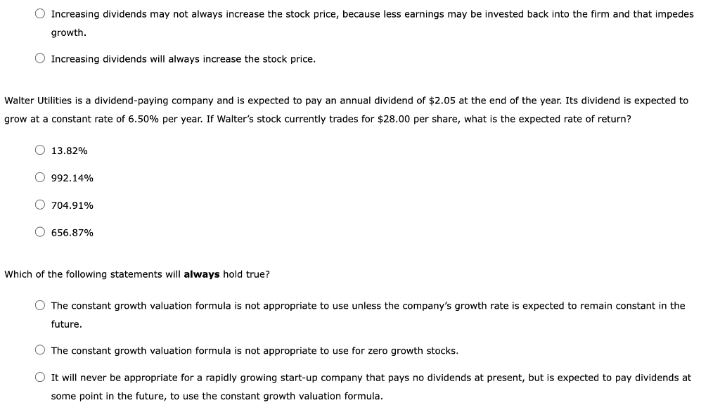 Solved The constant growth valuation formula has dividends | Chegg.com