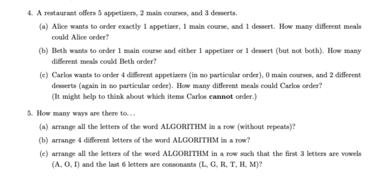 Solved 4. A restaurant offers 5 appetizers, 2 main courses,