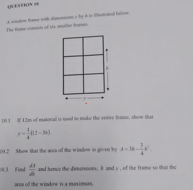 Solved A window frame with dimensions y by h is illustrated | Chegg.com