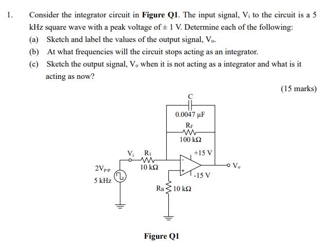 Solved 1. Consider the integrator circuit in Figure Q1. The | Chegg.com