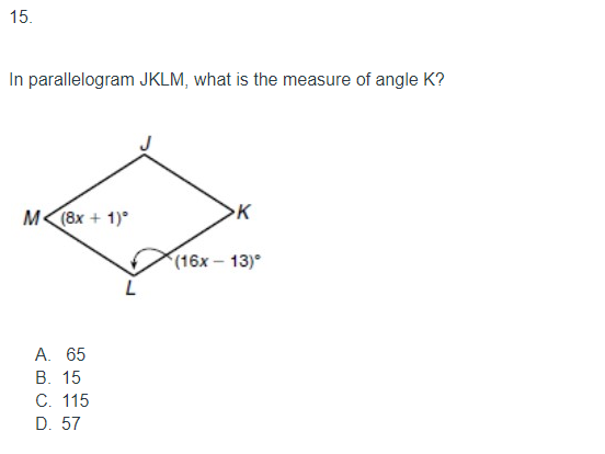 Solved 15 In Parallelogram Jklm What Is The Measure Of Chegg Com