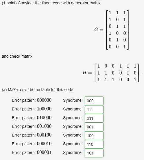 Solved (1 point) Consider the linear code with generator | Chegg.com