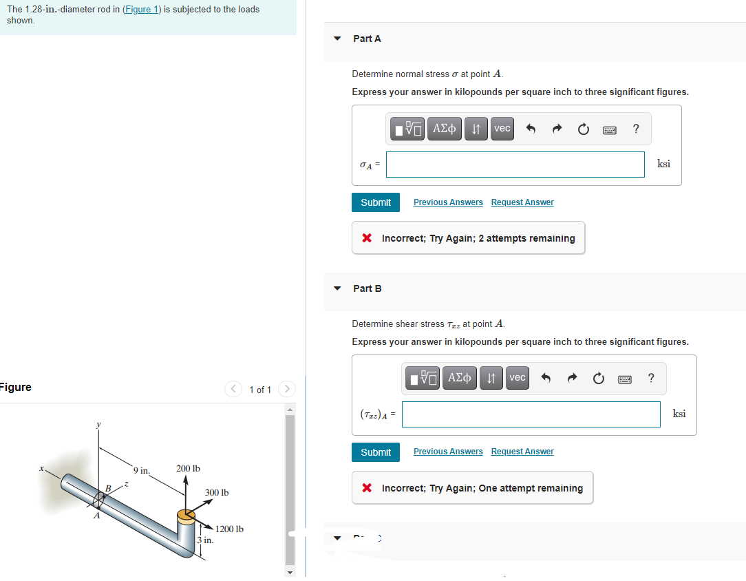 Solved The 1.28-in.-diameter rod in (Figure 1) is subjected | Chegg.com