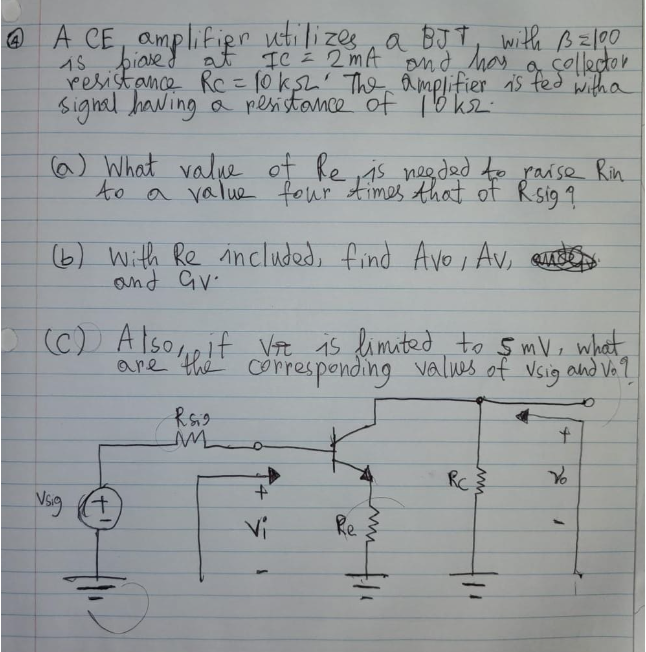 Solved A CE amplifier utilizes a BJT, with β=100 is biase at | Chegg.com