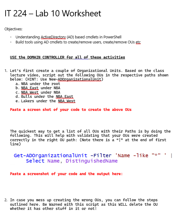Solved IT 224 - Lab 10 Worksheet Objectives: - Understanding | Chegg.com