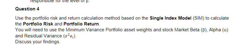 Solved Question 4 Use the portfolio risk and return | Chegg.com