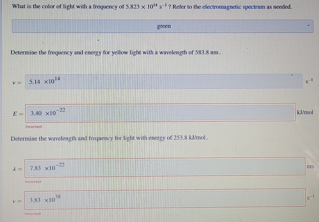Solved Determine the frequency and energy for light with a | Chegg.com