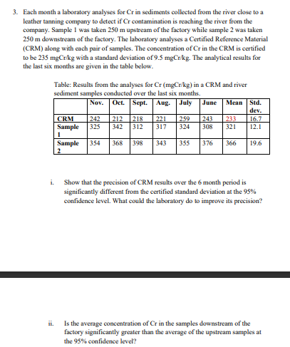 Solved 3. Each month a laboratory analyses for Cr in | Chegg.com