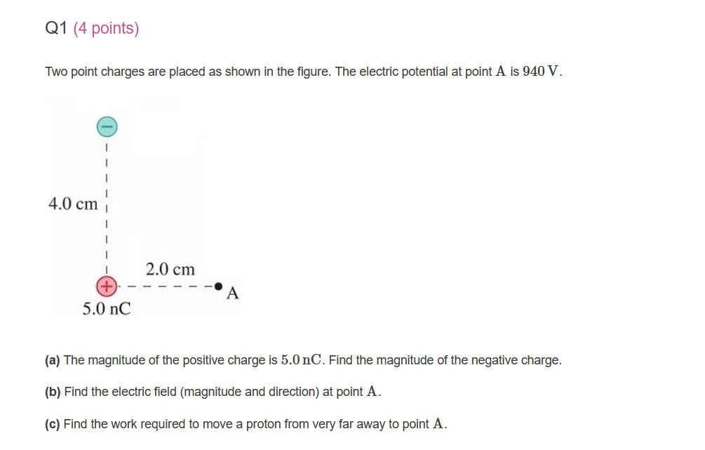 Solved Q1 (4 points) Two point charges are placed as shown | Chegg.com