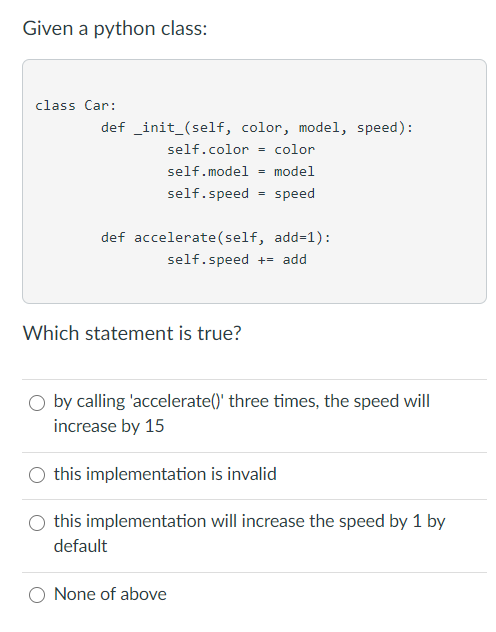 Solved Given a python class: class Car: def _init_(self, | Chegg.com