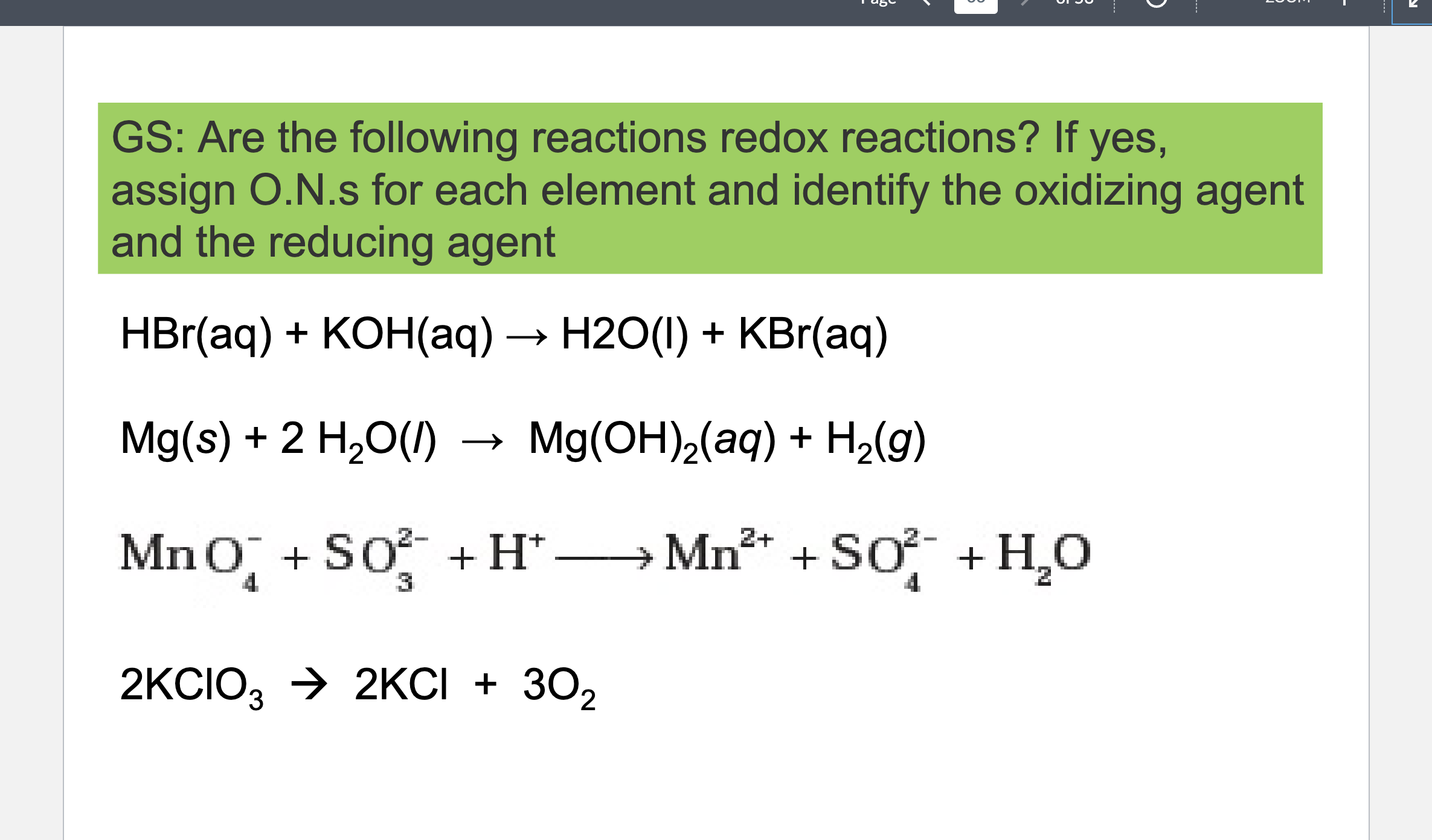 Solved GS: Are the following reactions redox reactions? If | Chegg.com