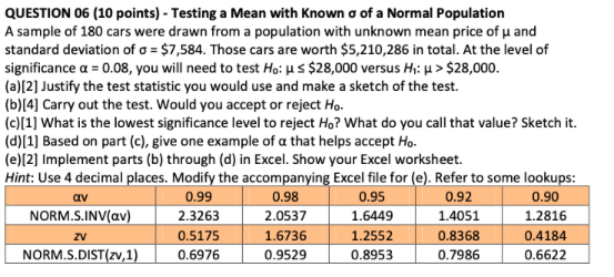 QUESTION 06 (10 points) - Testing a Mean with Known σ | Chegg.com