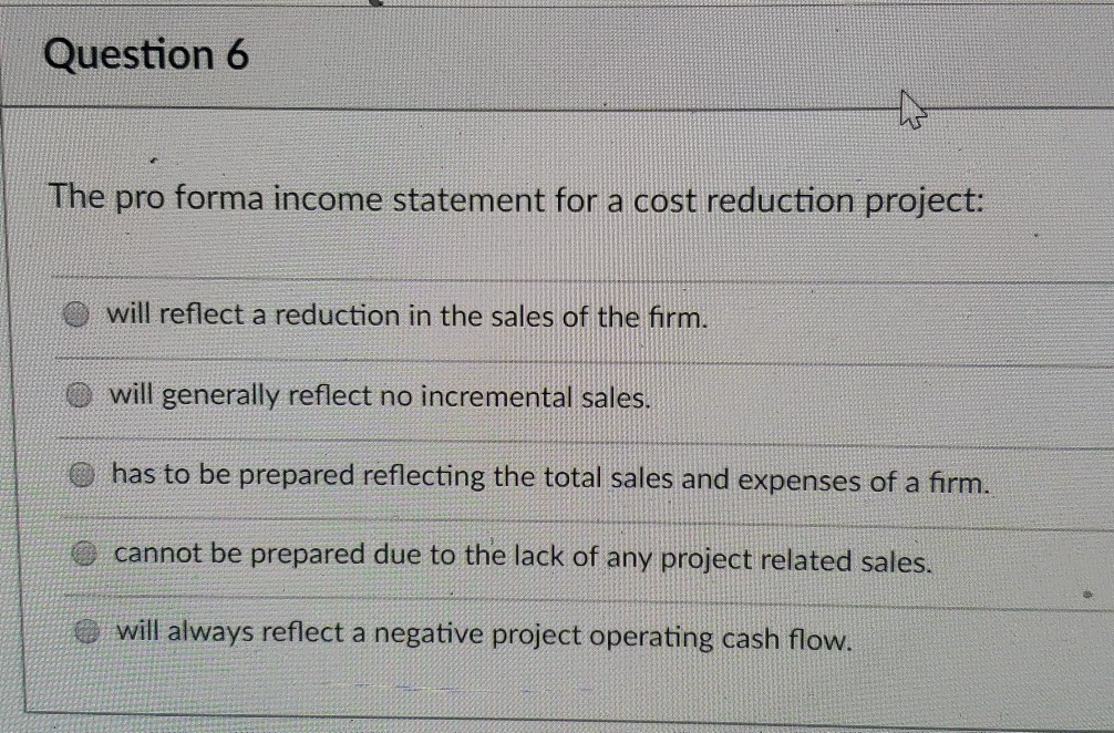 Solved Question 6 The pro forma income statement for a cost | Chegg.com