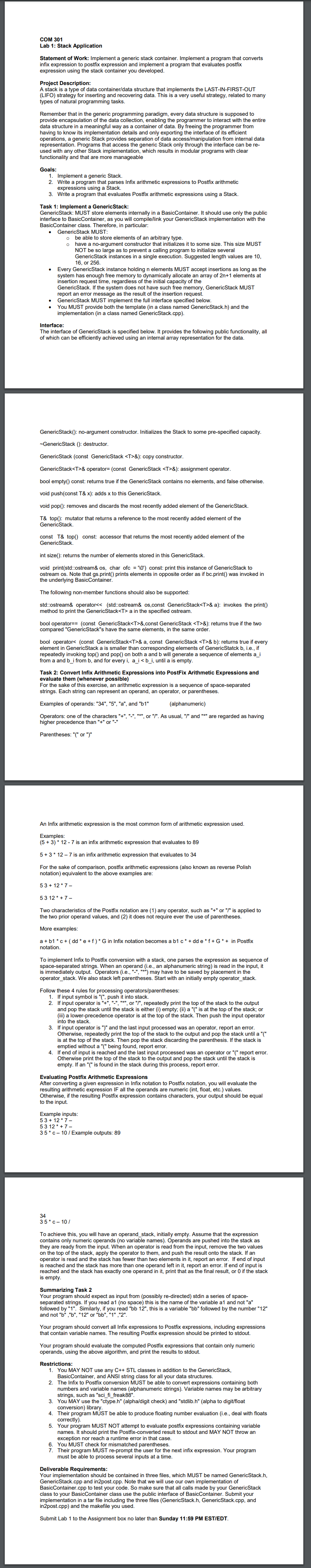 Solved COM 301 Lab 1: Stack Application Statement of Work