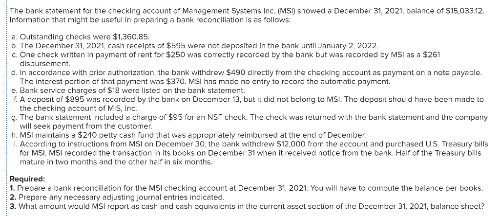 Solved The bank statement for the checking account of | Chegg.com