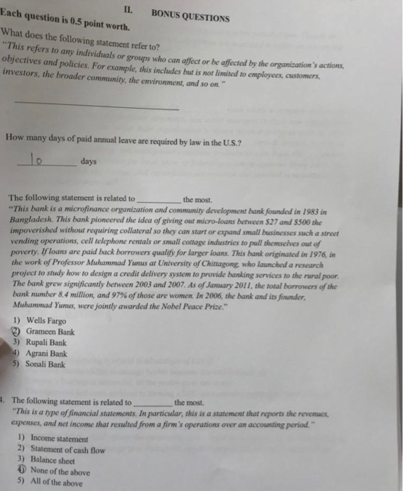 Solved II. BONUS QUESTIONS Each question is 0.5 point worth. | Chegg.com