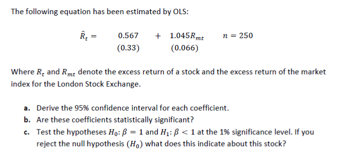 Solved The following equation has been estimated by OLS: | Chegg.com