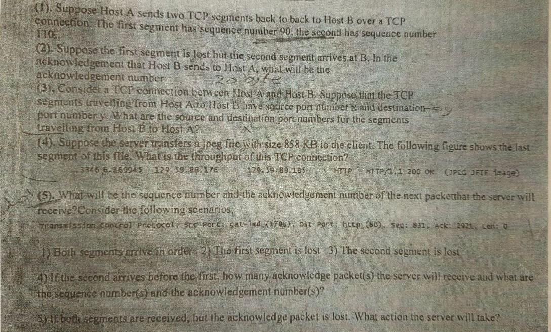 Solved (1). Suppose Host A sends two TCP scgments back to | Chegg.com