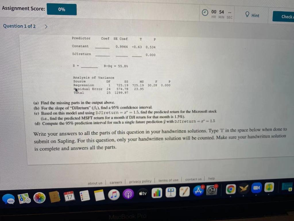 Solved 00 55 HR MIN SEC Question 1 of 2 > A simple linear | Chegg.com