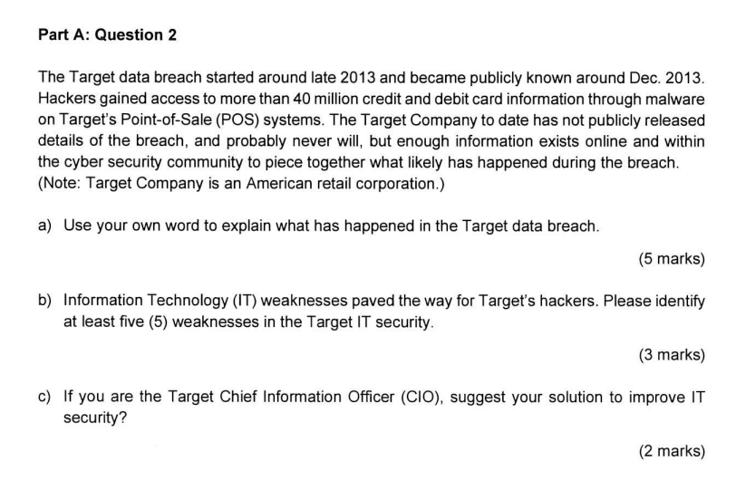 Solved The Target data breach started around late 2013 and | Chegg.com