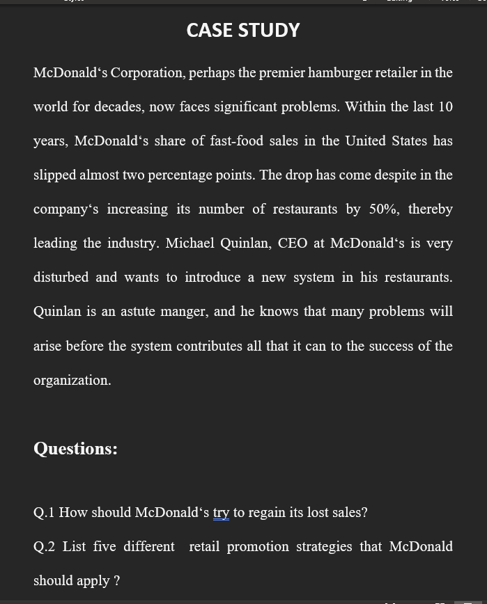 Solved CASE STUDY McDonald's Corporation, Perhaps The | Chegg.com