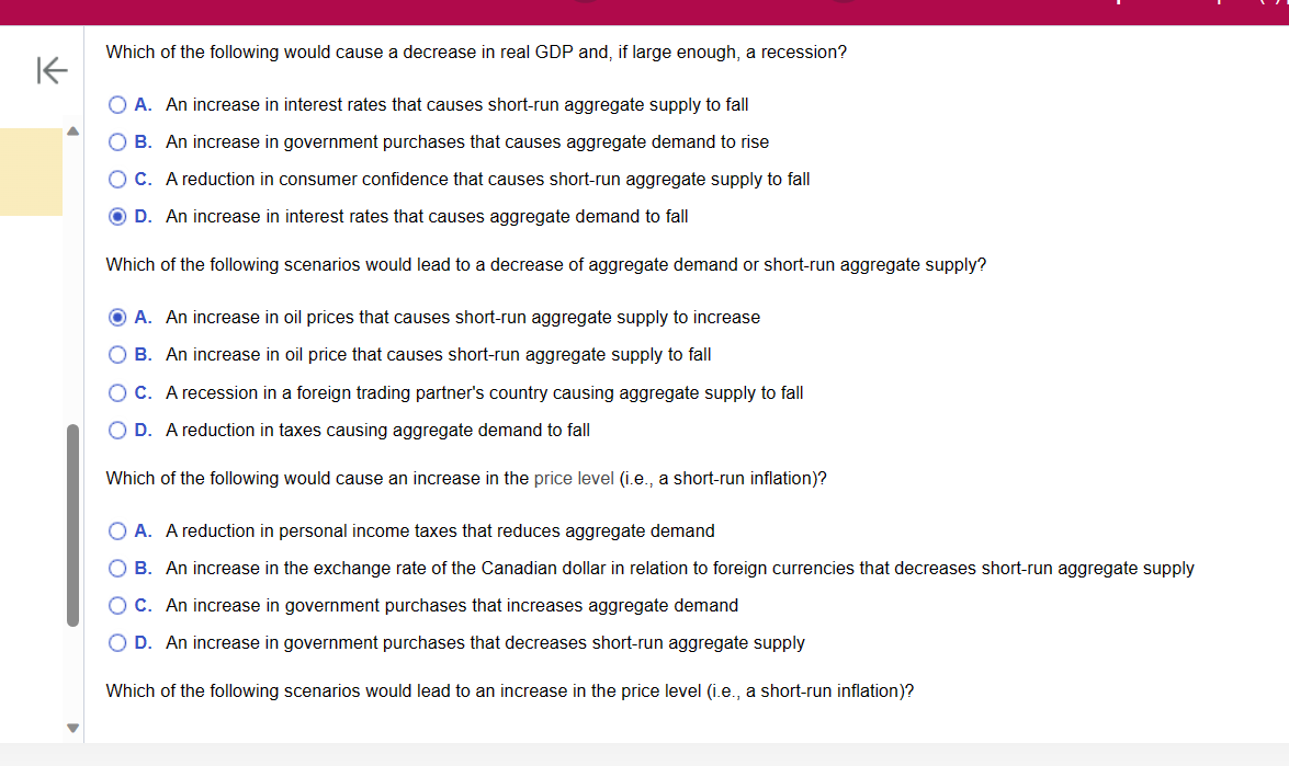 Solved Which of the following would cause a decrease in real | Chegg.com