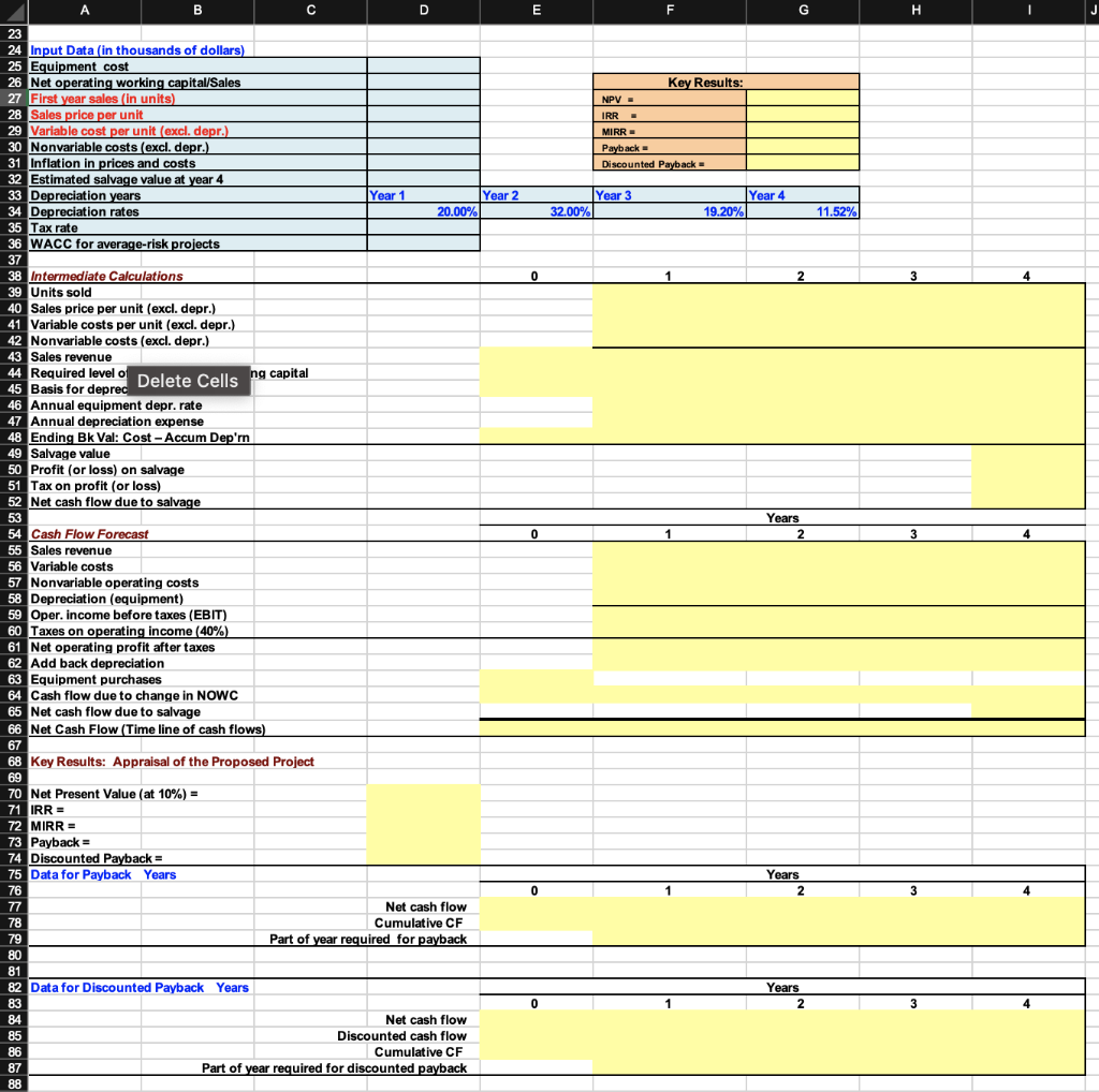 C D E F G H H Key Results: NPV - IRR - MIRR Payback | Chegg.com